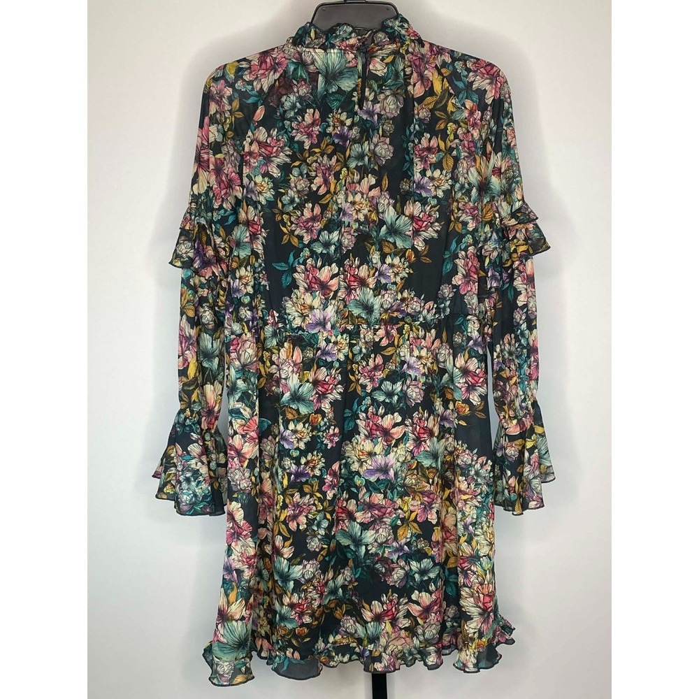 Women's ruffled dark Floral Fairy Tiered mini Dress Size 6 Long Sleeve mock neck